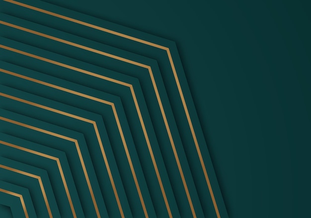 Líneas doradas brillantes abstractas Superposición diagonal Lujoso fondo verde oscuro con espacio de copia para texto