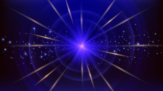 Líneas doradas diagonales con haz de luz circular azul brillante y elementos de efectos de luz brillantes
