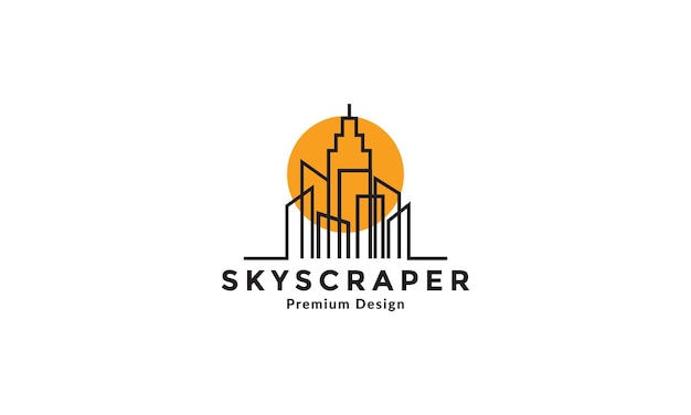 Líneas de edificio alto o rascacielos con diseño de ilustración de icono de símbolo de vector de logotipo de puesta de sol