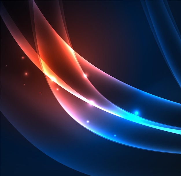 Líneas de energía ondas brillantes en el fondo oscuro vectorial abstracto