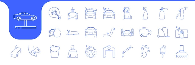 Líneas de equipos de lavado de automóviles icono colección vector de diseño