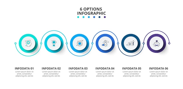 Líneas finas con círculos blancos para infografía. concepto de vector con 6 opciones o pasos.