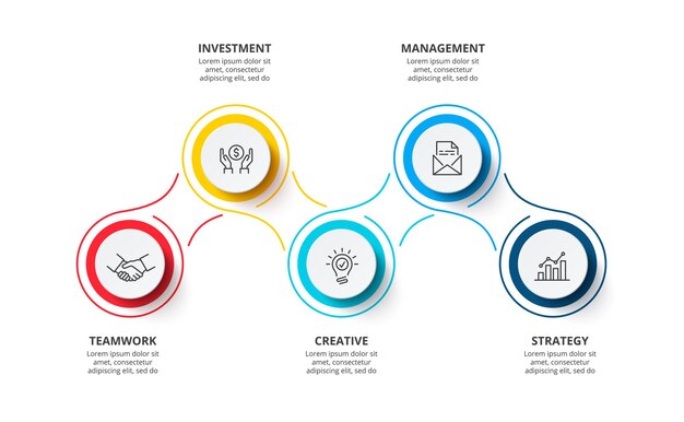Líneas finas con círculos de color para infografía empresarial. Diagrama abstracto con 5 pasos.