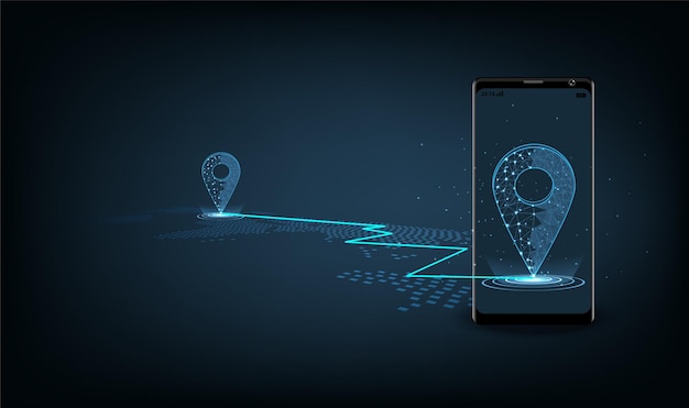 Líneas de forma de pin GPS color azul en Smartphone y fondo azul oscuro