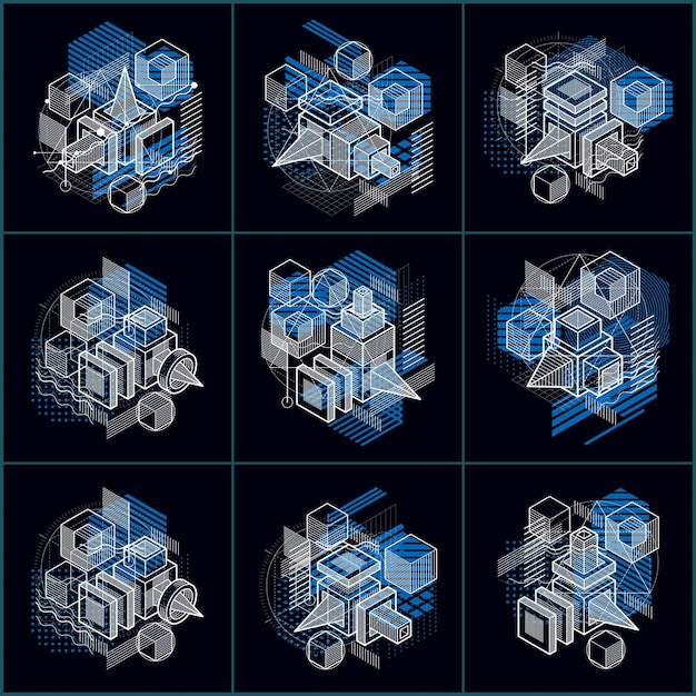 Líneas y formas abstractas vector fondos 3d isométricos. Diseños de cubos, hexágonos, cuadrados, rectángulos y diferentes elementos abstractos. colección de vectores.