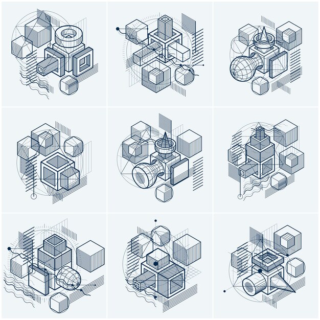 Líneas y formas abstractas vector fondos 3d isométricos. Diseños de cubos, hexágonos, cuadrados, rectángulos y diferentes elementos abstractos. colección de vectores.