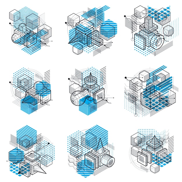 Líneas y formas abstractas vector fondos 3d isométricos. Diseños de cubos, hexágonos, cuadrados, rectángulos y diferentes elementos abstractos. colección de vectores.