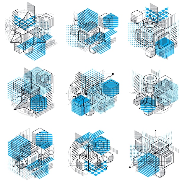 Líneas y formas abstractas vector fondos 3d isométricos. Diseños de cubos, hexágonos, cuadrados, rectángulos y diferentes elementos abstractos. colección de vectores.