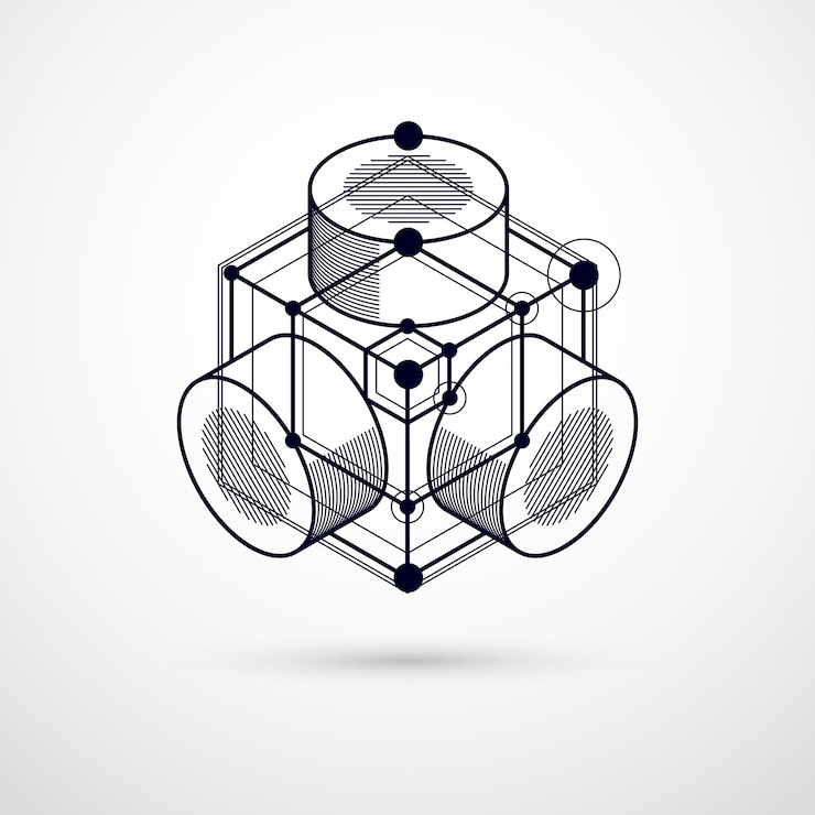 Vector líneas y formas abstractas vector isométrica 3d fondo blanco y negro. esquema abstracto de motor o mecanismo de ingeniería. diseño de cubos, hexágonos, cuadrados, rectángulos y diferentes elementos.