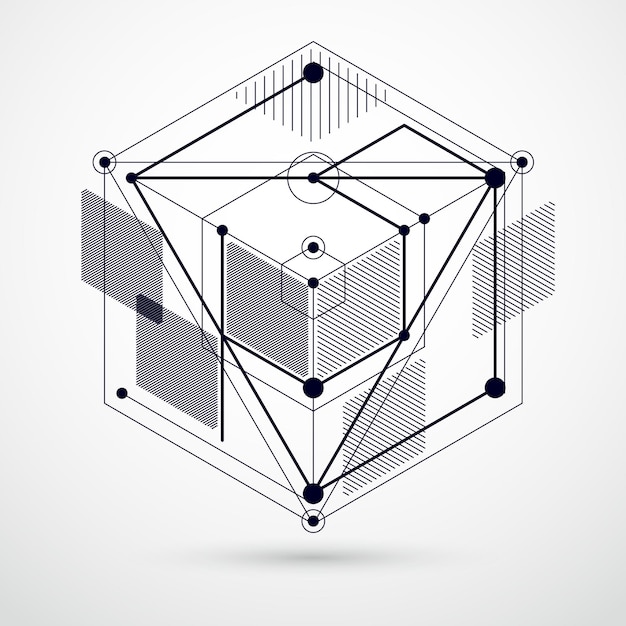 Líneas y formas abstractas vector isométrica 3D fondo blanco y negro. Esquema abstracto de motor o mecanismo de ingeniería. Diseño de cubos, hexágonos, cuadrados, rectángulos y diferentes elementos.