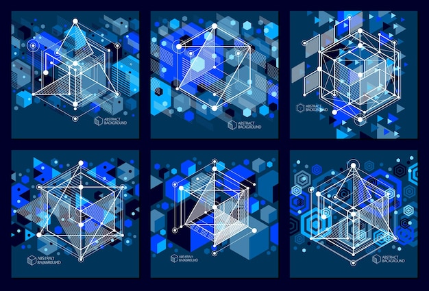 Líneas y formas abstractas vector isométrico 3d conjunto de fondos negros azules. esquema abstracto de motor o mecanismo de ingeniería. diseño de cubos, hexágonos, cuadrados, rectángulos y diferentes elementos.