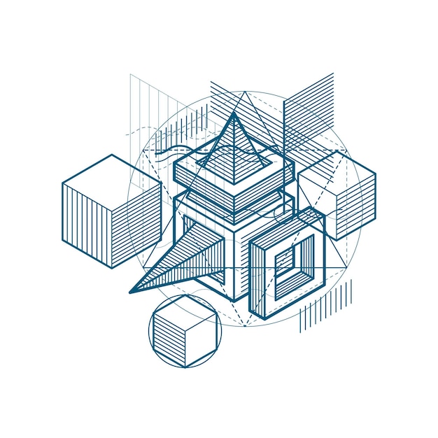 Líneas y formas abstractas vectoriales isométricas de fondo 3D. Diseño de cubos, hexágonos, cuadrados, rectángulos y diferentes elementos abstractos.