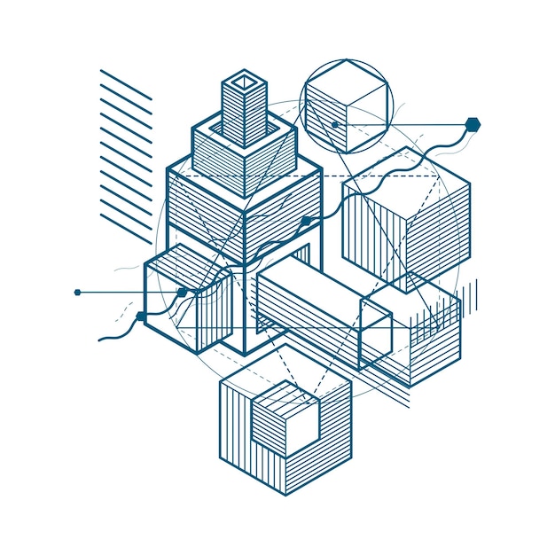 Líneas y formas abstractas vectoriales isométricas de fondo 3D. Diseño de cubos, hexágonos, cuadrados, rectángulos y diferentes elementos abstractos.