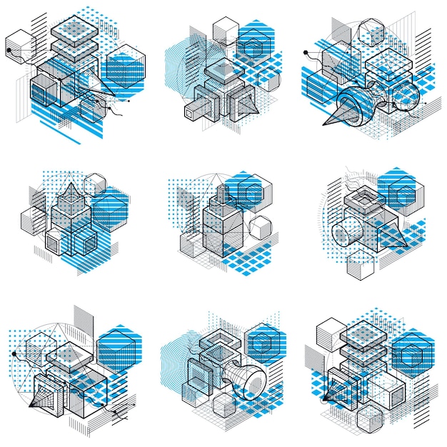 Líneas y formas abstractas vectoriales isométricas de fondo 3D. Diseños de cubos, hexágonos, cuadrados, rectángulos y diferentes elementos abstractos. Colección de vectores.