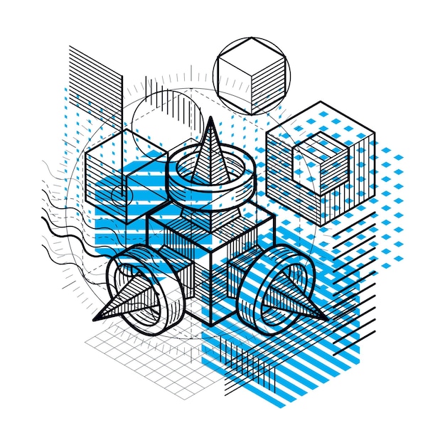 Líneas y formas de fondo 3d isométrico vectorial abstracto. Disposición de cubos, hexágonos, cuadrados, rectángulos y diferentes elementos abstractos.