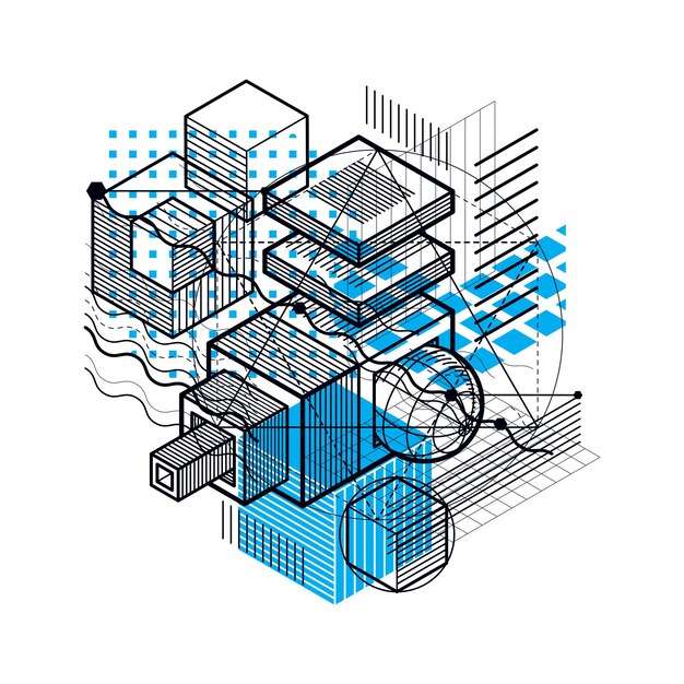 Líneas y formas de fondo 3d isométrico vectorial abstracto. Disposición de cubos, hexágonos, cuadrados, rectángulos y diferentes elementos abstractos.