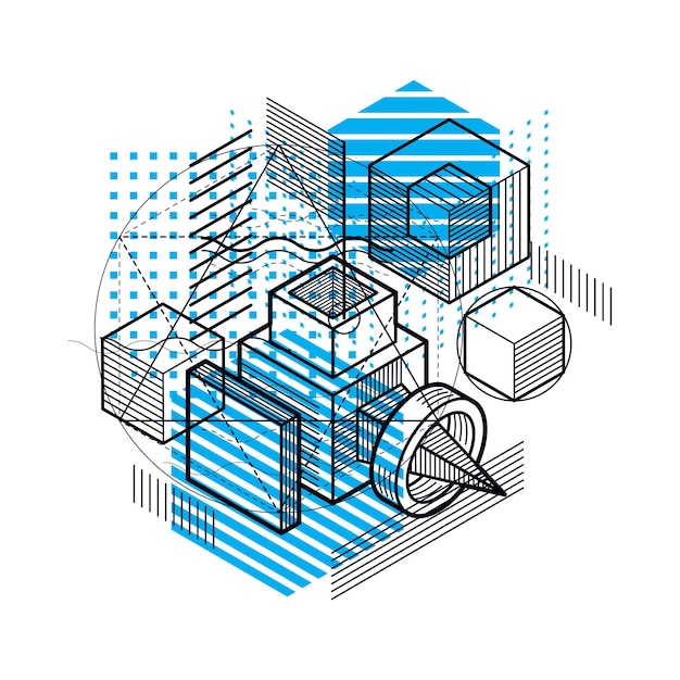 Líneas y formas de fondo 3d isométrico vectorial abstracto. Disposición de cubos, hexágonos, cuadrados, rectángulos y diferentes elementos abstractos.