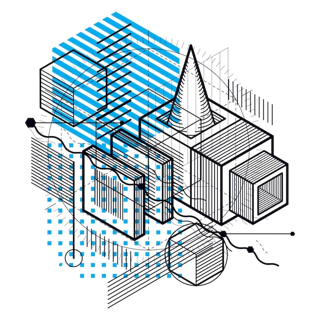 Líneas y formas de fondo 3d isométrico vectorial abstracto. Disposición de cubos, hexágonos, cuadrados, rectángulos y diferentes elementos abstractos.