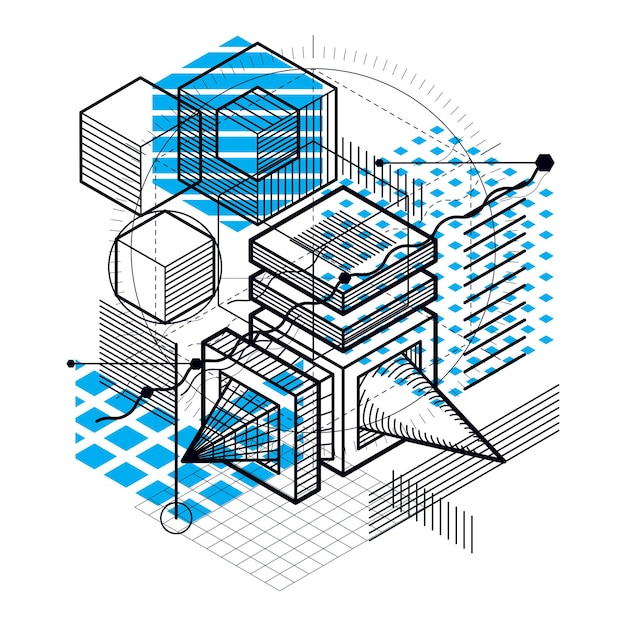 Líneas y formas de fondo 3d isométrico vectorial abstracto. Disposición de cubos, hexágonos, cuadrados, rectángulos y diferentes elementos abstractos.