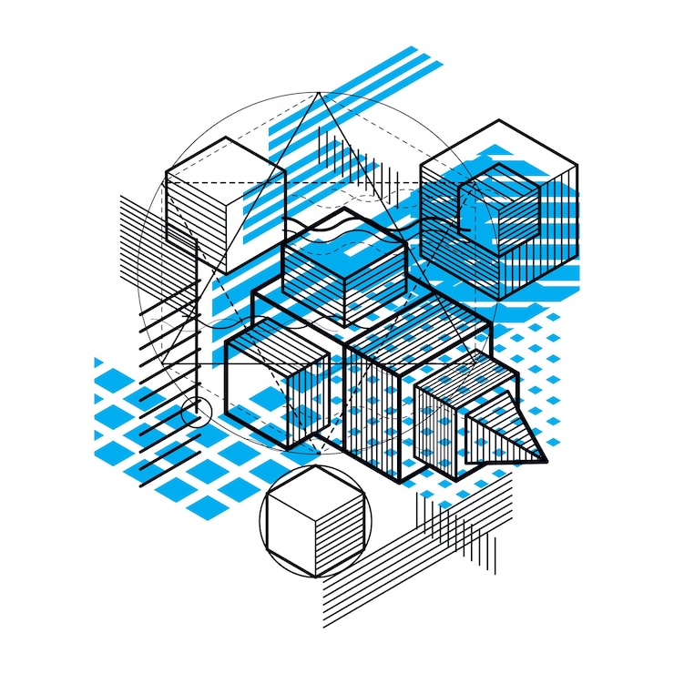 Vector líneas y formas de fondo 3d isométrico vectorial abstracto. disposición de cubos, hexágonos, cuadrados, rectángulos y diferentes elementos abstractos.