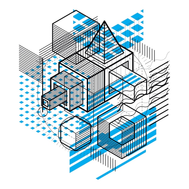 Líneas y formas de fondo 3d isométrico vectorial abstracto. Disposición de cubos, hexágonos, cuadrados, rectángulos y diferentes elementos abstractos.