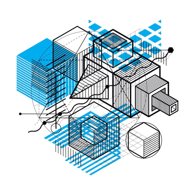 Líneas y formas de fondo 3d isométrico vectorial abstracto. Disposición de cubos, hexágonos, cuadrados, rectángulos y diferentes elementos abstractos.