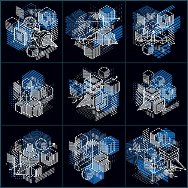 Líneas y formas fondos 3d isométricos vectoriales abstractos. Diseños de cubos, hexágonos, cuadrados, rectángulos y diferentes elementos abstractos. Colección de vectores.