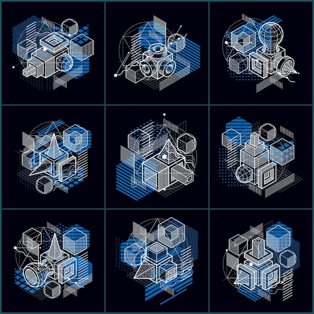 Líneas y formas fondos 3d isométricos vectoriales abstractos. Diseños de cubos, hexágonos, cuadrados, rectángulos y diferentes elementos abstractos. Colección de vectores.