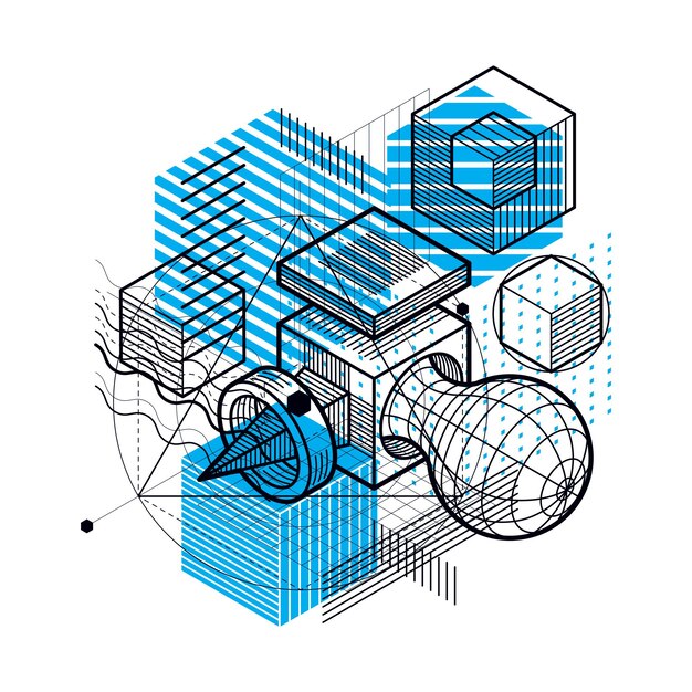 Líneas y formas vector abstracto fondo 3d isométrico. Diseño de cubos, hexágonos, cuadrados, rectángulos y diferentes elementos abstractos.