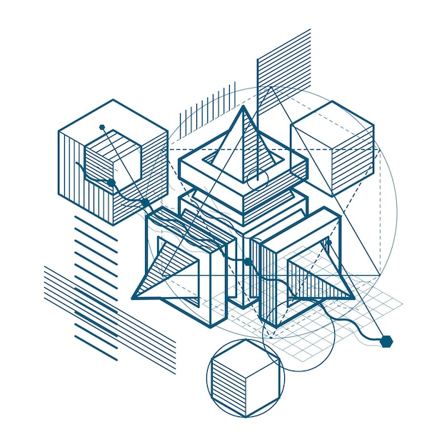Líneas y formas vector abstracto fondo 3d isométrico. Diseño de cubos, hexágonos, cuadrados, rectángulos y diferentes elementos abstractos.