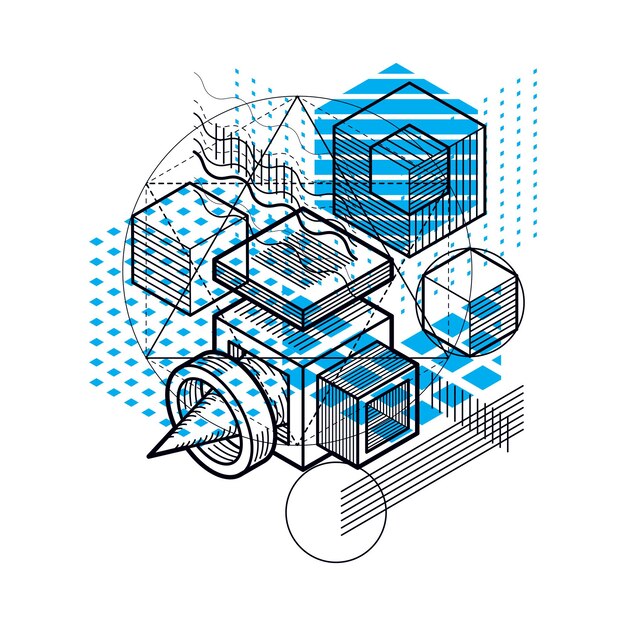 Líneas y formas vector abstracto fondo 3d isométrico. Diseño de cubos, hexágonos, cuadrados, rectángulos y diferentes elementos abstractos.