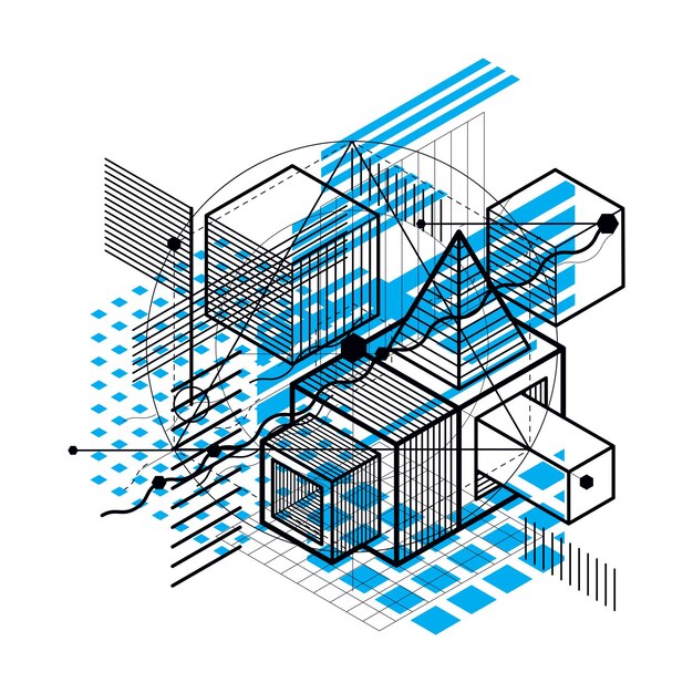 Líneas y formas vector abstracto fondo 3d isométrico. Diseño de cubos, hexágonos, cuadrados, rectángulos y diferentes elementos abstractos.