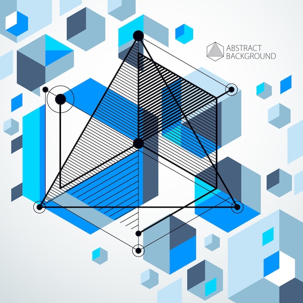 Líneas y formas vector abstracto isométrico 3D fondo azul. Esquema abstracto de motor o mecanismo de ingeniería. Diseño de cubos, hexágonos, cuadrados, rectángulos y diferentes elementos abstractos.