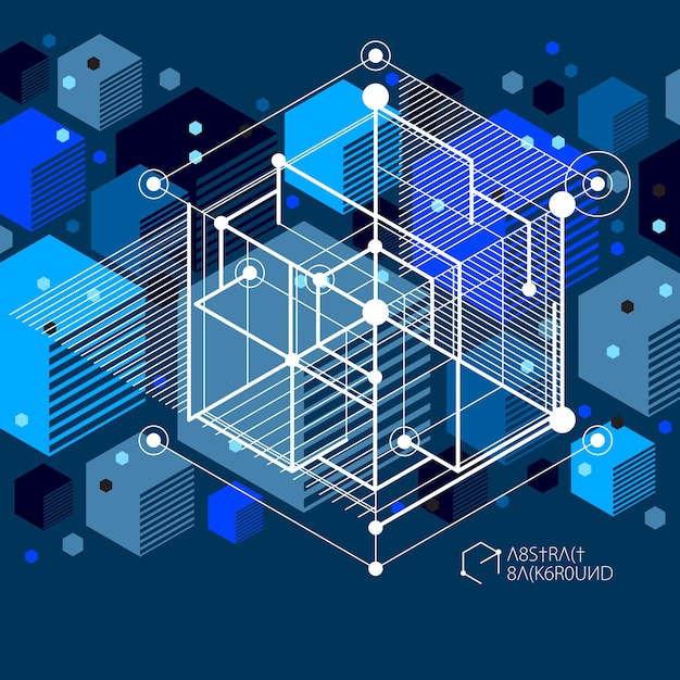 Líneas y formas vector abstracto isométrico 3D fondo negro azul. Esquema abstracto de motor o mecanismo de ingeniería. Diseño de cubos, hexágonos, cuadrados, rectángulos y diferentes elementos abstractos.