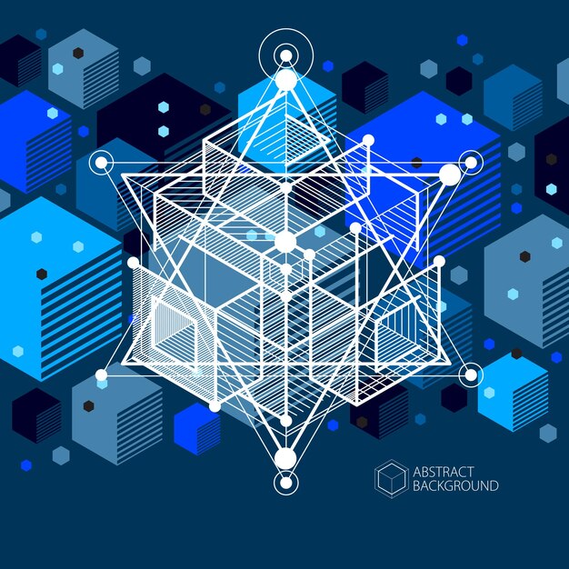 Líneas y formas vector abstracto isométrico 3D fondo negro azul. Esquema abstracto de motor o mecanismo de ingeniería. Diseño de cubos, hexágonos, cuadrados, rectángulos y diferentes elementos abstractos.