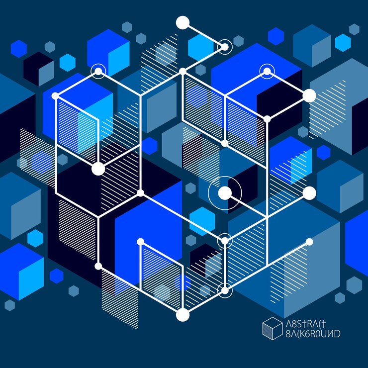 Vector líneas y formas vector abstracto isométrico 3d fondo negro azul. esquema abstracto de motor o mecanismo de ingeniería. diseño de cubos, hexágonos, cuadrados, rectángulos y diferentes elementos abstractos.