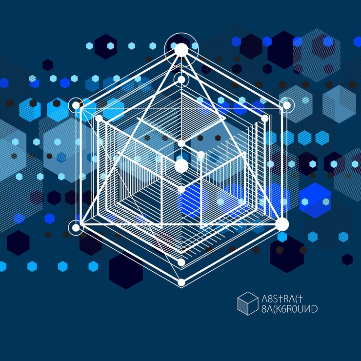 Vector líneas y formas vector abstracto isométrico 3d fondo negro azul. esquema abstracto de motor o mecanismo de ingeniería. diseño de cubos, hexágonos, cuadrados, rectángulos y diferentes elementos abstractos.