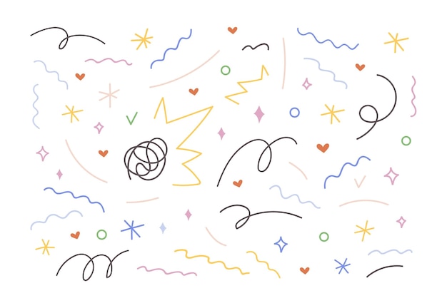Líneas de garabateo abstractas elementos de diseño garabateados conjuntos curvas creativas ondulaciones zigzags decoraciones modernas de moda a mano libre ilustraciones vectoriales dibujadas a mano aisladas sobre fondo blanco