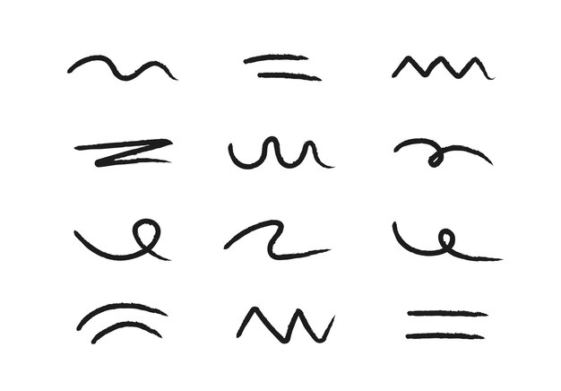 Líneas y garabates dibujados a mano con lápiz vectorial, resaltadores negros y ásperos, trazos de tiza.