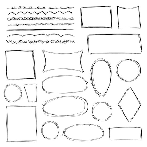 Líneas de garabatos dibujadas a mano y marcos de diferentes formas: cuadrado, redondo, rectangular, ovalado.