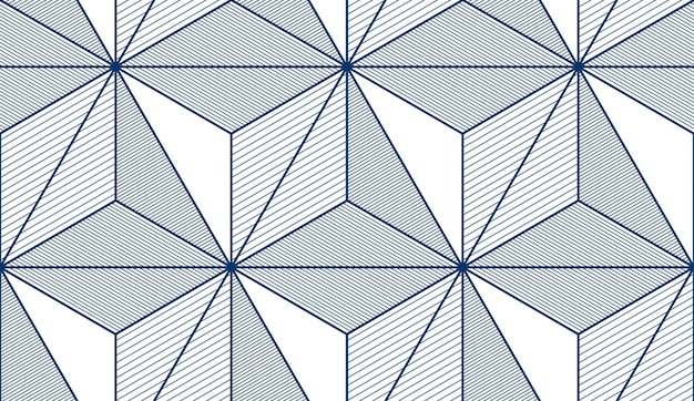 Líneas geométricas 3d patrón abstracto sin costuras, fondo vectorial. Línea de ingeniería de estilo tecnológico dibujando ilustraciones infinitas. Un solo color, blanco y negro. Utilizable para tela, papel tapiz, envoltura,