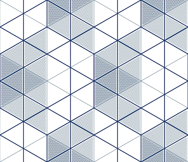 Líneas geométricas 3d patrón abstracto sin costuras, fondo vectorial. Línea de ingeniería de estilo tecnológico dibujando ilustraciones infinitas. Un solo color, blanco y negro. Utilizable para tela, papel tapiz, envoltura,