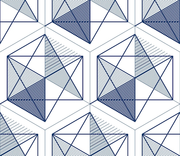 Líneas geométricas 3d patrón abstracto sin costuras, fondo vectorial. Línea de ingeniería de estilo tecnológico dibujando ilustraciones infinitas. Un solo color, blanco y negro. Utilizable para tela, papel tapiz, envoltura,