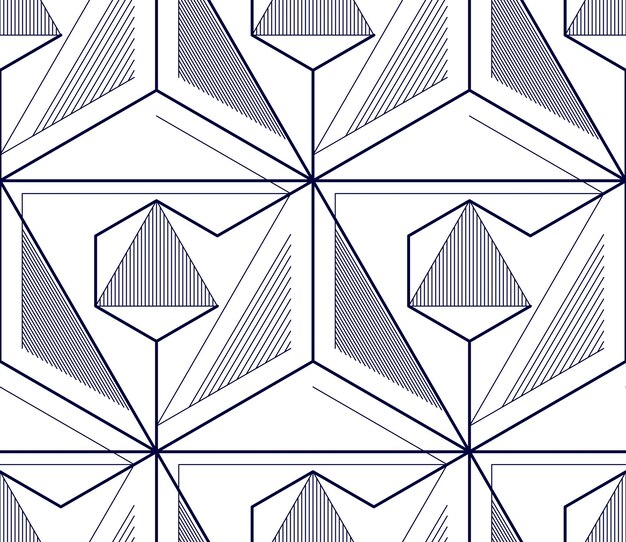 Líneas geométricas 3d patrón abstracto sin costuras, fondo vectorial. Línea de ingeniería de estilo tecnológico dibujando ilustraciones infinitas. Un solo color, blanco y negro.