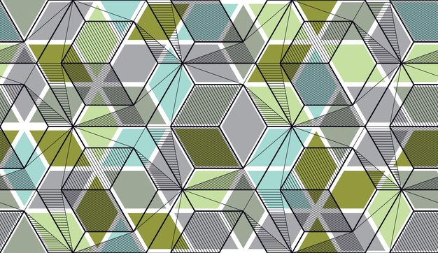 Líneas geométricas 3d patrón abstracto sin costuras, fondo vectorial. Línea de ingeniería de estilo tecnológico dibujando ilustraciones infinitas. Utilizable para tela, papel tapiz, envoltura, web e impresión.