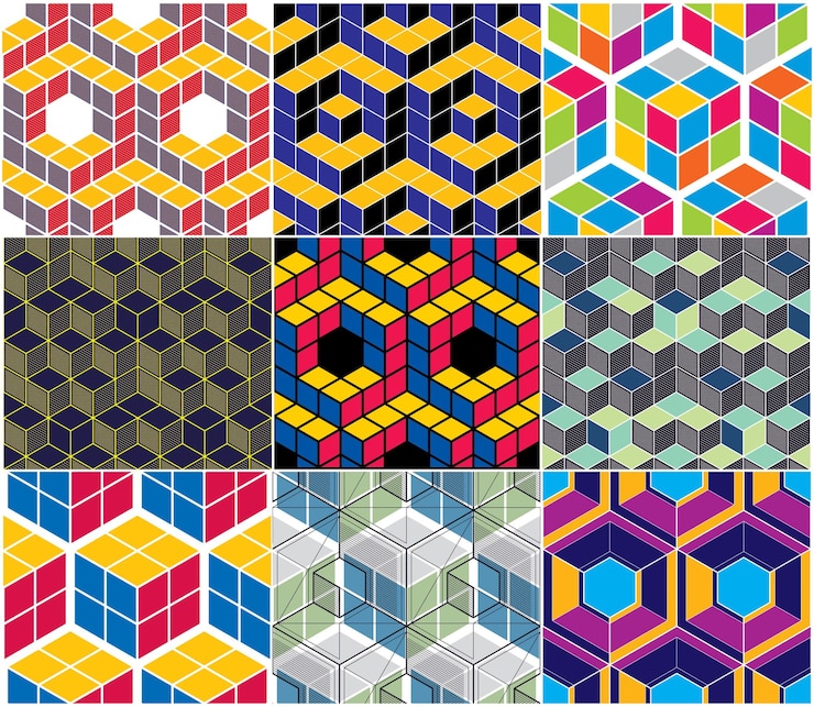 Vector líneas geométricas 3d resumen patrones sin fisuras, colección de cubos de fondos vectoriales. línea de ingeniería de estilo tecnológico que dibuja una ilustración colorida interminable. utilizable para tela, papel tapiz, envoltura.