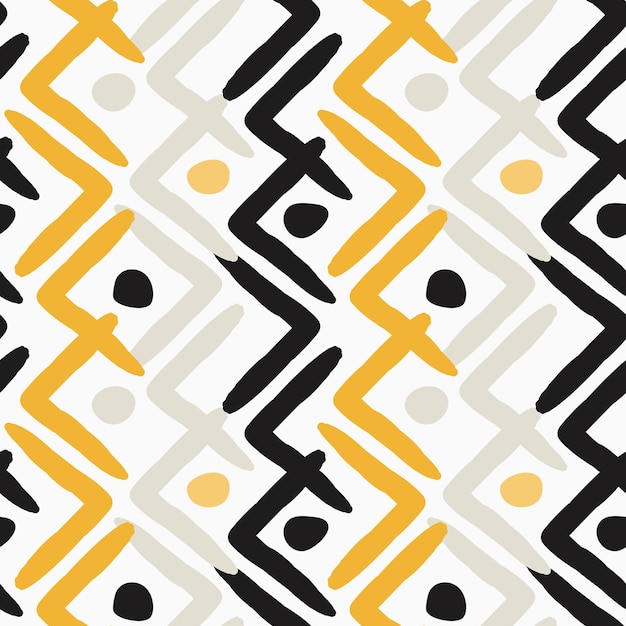 Líneas geométricas boho patrón sin costuras en colores negro y amarillo sobre fondo blanco dibujado a mano