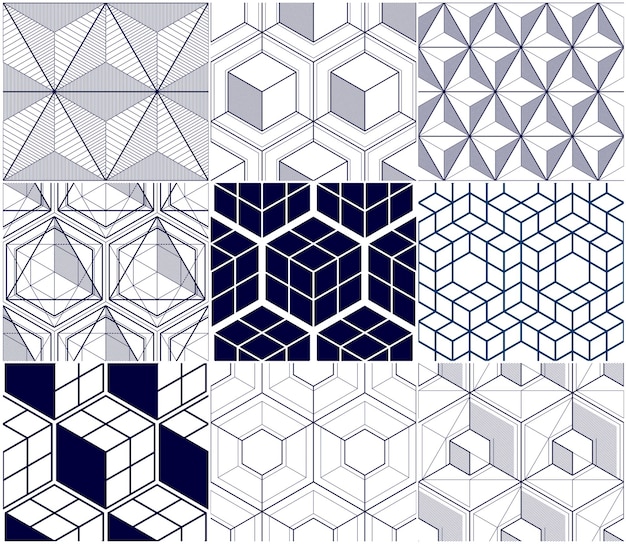 Líneas geométricas resumen conjunto de patrones sin fisuras, colección de cubos de fondos vectoriales 3d. Línea de ingeniería de estilo tecnológico dibujando ilustraciones infinitas.