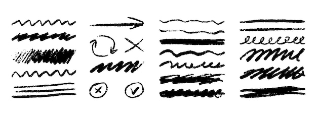 Líneas grunge dibujadas a mano, trazos ásperos, textura, carbón o lápiz, dibujo con lápiz de colores, garabateos, conjunto de vectores