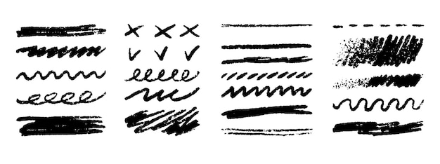 Líneas grunge dibujadas a mano, trazos ásperos, textura, carbón o lápiz, dibujo con lápiz de colores, garabateos, conjunto de vectores